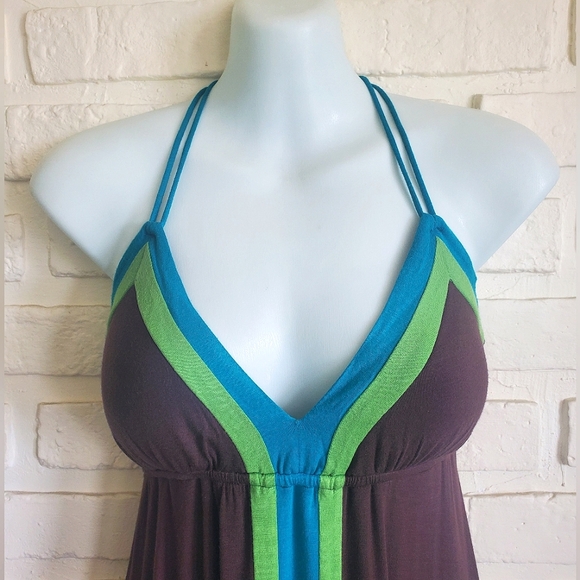 XOXO Halter Handkerchief Midi Dress Summer Green Teal Blue Brown Size Small - Picture 2 of 11